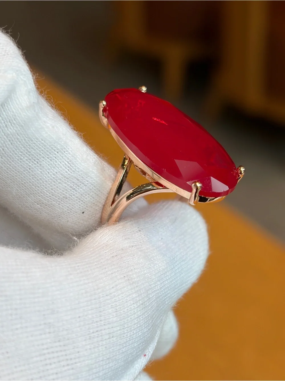 New Rose Gold Plated S925 Oval Stimulated Ruby Luxury Cocktail Solitaire Ring 8